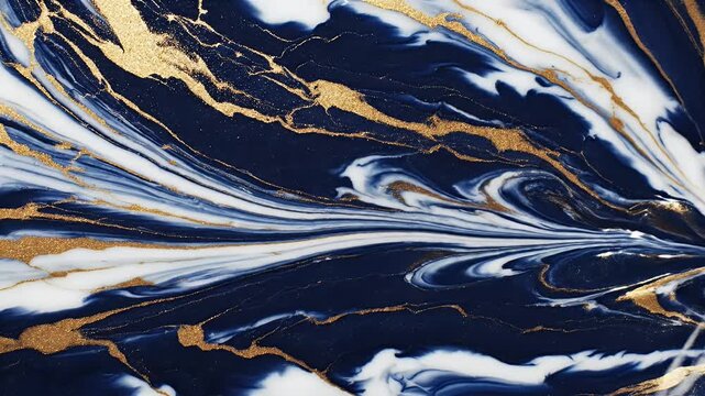 An abstract fluid art composition showcases swirling patterns of deep blue, white, and shimmering gold, resembling luxurious marble or a cosmic landscape.