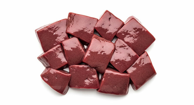 Several raw fresh beef liver pieces cut into uniform cubes arranged neatly on a clean white background to showcase the deep red glossy texture of this healthy organ meat product.