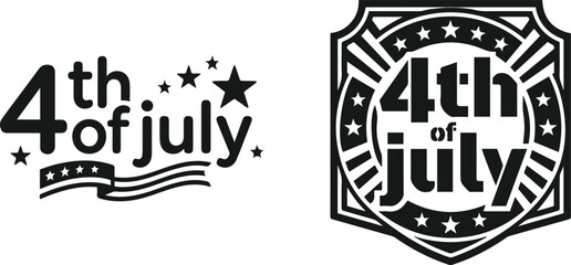 Set of two black and white “4th of July” Independence Day badge emblems featuring patriotic star decorations and bold typography, ideal for celebration posters, greeting cards, and holiday branding. © AI illustration 