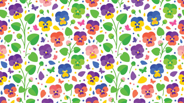 Seamless colorful pansy flower pattern with leaves and petals, spring floral background
