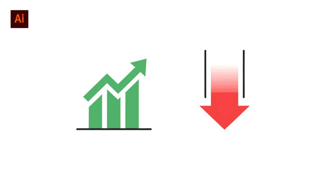 Two distinct icons representing business trends: a green bar chart with an upward arrow for growth and a red downward arrow for decline.