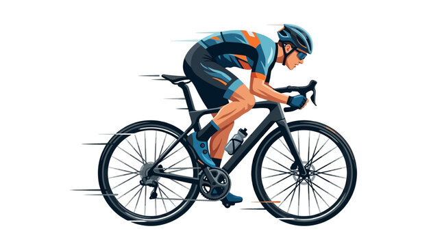 Professional cyclist riding a road bike at high speed, dynamic athletic sports illustration isolated on white background