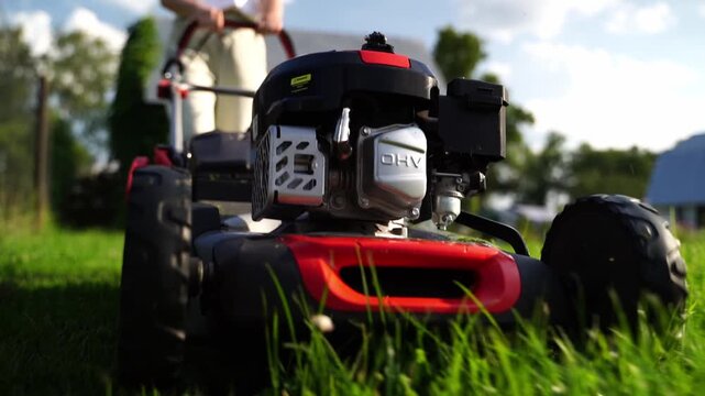 Man mows lawn with red engine mower. Grass blades cut by rotating blades. Mower moves forward across green grass. Person focused on task, working outdoors. Perfect for gardening, landscaping