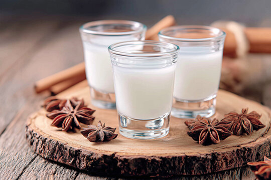 Glasses of traditional arak on ice with star anise spices. Premium Middle Eastern anise spirit 