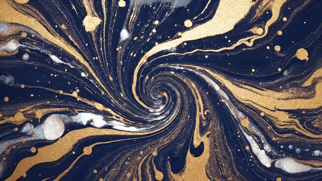 An abstract fluid art piece showcases swirling patterns of gold and silver against a deep blue background, creating a mesmerizing and dynamic visual effect.