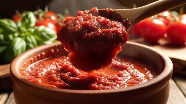 Fresh tomato sauce is stirred with a wooden spoon