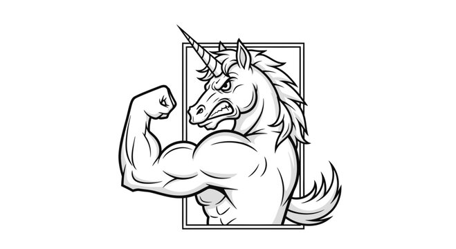 Muscular Unicorn Flexing Bicep, Fantasy Creature, Strength and Power