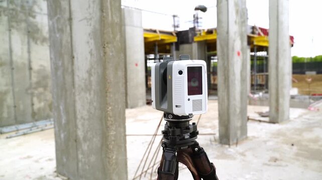 Camera mounted on tripod at construction site. Equipment scans concrete pillars and surroundings. Background shows scaffolding and unfinished building. No people present, no animals or plants visible