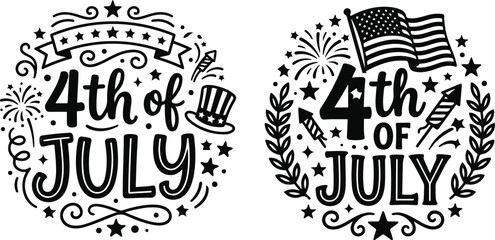 Set of two decorative “4th of July” typography designs featuring festive American Independence Day elements such as stars, fireworks, flags, and ornamental wreath-style frames. © AI illustration 