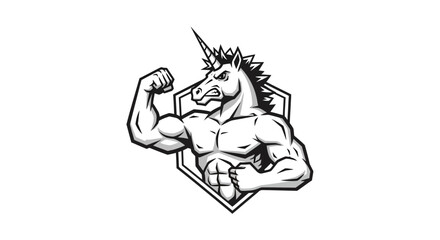 Obraz premium Muscular Unicorn Mascot Flexing Biceps, Strong Fantasy Creature Logo
