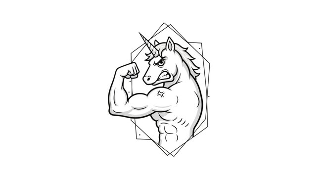 Muscular Unicorn Flexing Biceps, Strong Fantasy Creature, Gym Fitness, Bodybuilding