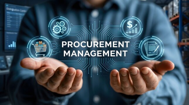 Businessman presenting procurement management concept with icons floating above hands in office