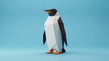 Obraz premium Low poly origami penguin figure with black, white, and orange details on blue background