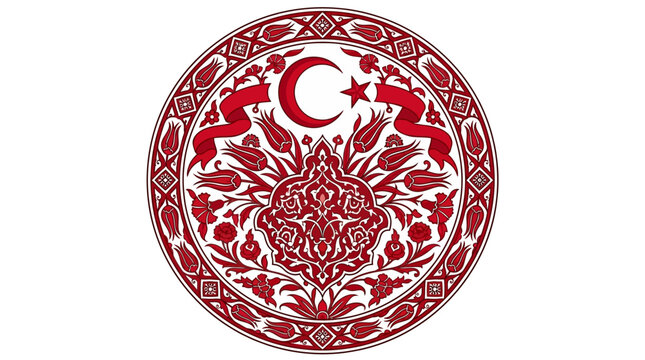 Turkish Cultural Emblem with Crescent and Star, Intricate Floral Designs, and Red Border
