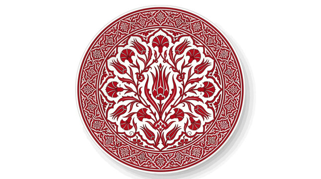 Turkish ceramic vector art ornament with red tulip and carnation floral patterns on a circular plate