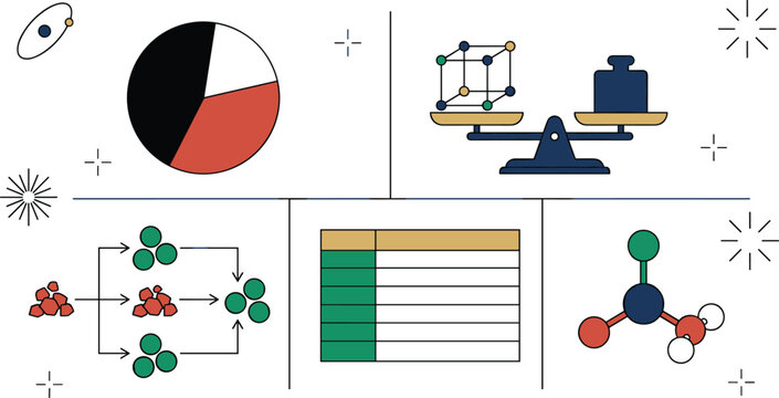 Science and physics research vector illustration set featuring data pie chart balance scale molecular structure grid table and chemical reaction workflow infographics.