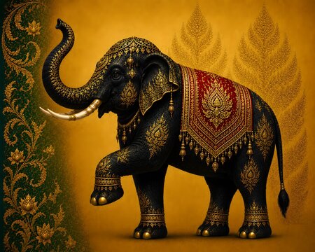 black Thai elephant raising front leg with red and gold royal cloth on golden background