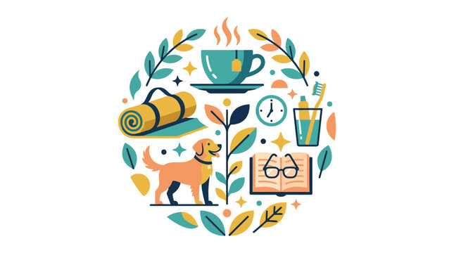 Cozy Lifestyle Collage: Tea, Dog, Yoga, Reading, Hygiene, Clock