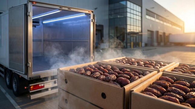 Smart cold chain logistics with fresh date fruits. Cardboard boxes of organic sweet dates fruit loaded into refrigerated delivery truck trailer at warehouse during sunset