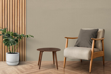 Mid-century modern living room interior design with monstera tree © SR  Designer