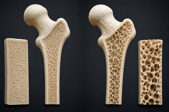 Scientific visualization of bone density reduction from normal bone to osteopenia and osteoporosis. Detailed anatomical comparison showing trabecular bone deterioration and increased fracture risk