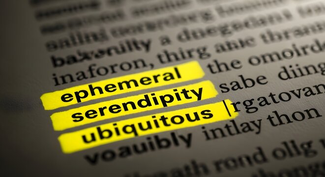 Highlighted Vocabulary Words Ephemeral Serendipity and Ubiquitous in Book Page