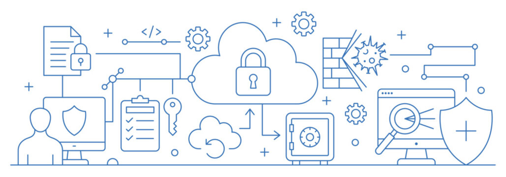 Cybersecurity and cloud data protection line art banner. Outline illustration with computer, firewall, padlock, and network security icons.