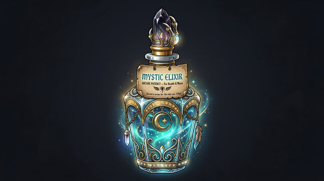 Mystic elixir bottle with glowing blue liquid and gold accents on a dark background