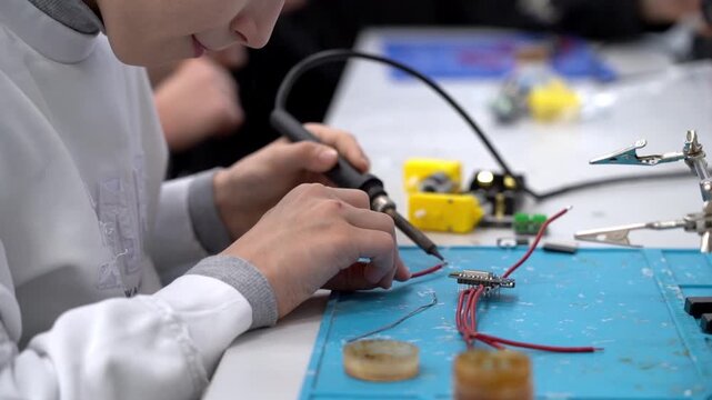Young hands solder wires with focused care. Blue mat holds tools and components nearby. Focused student works with quiet concentration. Great for tech education or DIY projects
