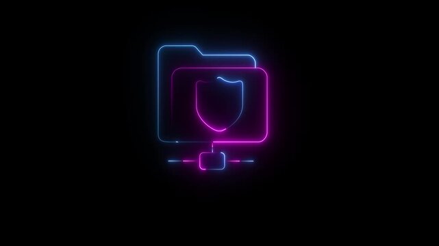 Data file with padlock showing concept animated icon of secure folder, data security vector ,Neon laptop displaying secure document encryption digital technology..4K.