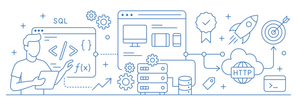 Web development and programming line art banner. Outline concept with developer, coding, responsive design, servers, cloud hosting, and rocket launch.