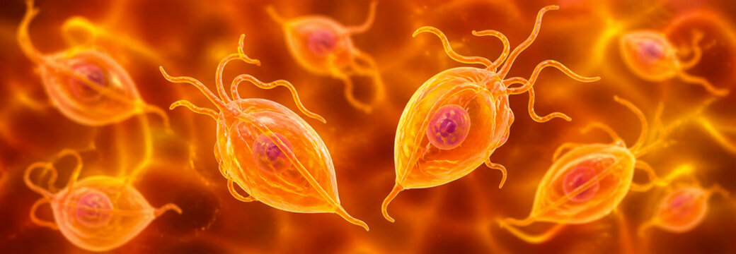 Horizontal 3D visualization of Trichomonas vaginalis, protozoan parasite responsible for trichomoniasis. Microscopic view of flagellated microorganisms in a biological environment