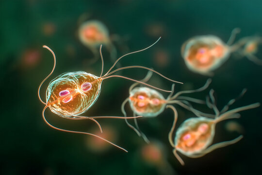 Trichomonas vaginalis microorganisms floating in a biological environment. High-resolution biomedical render representing trichomoniasis, parasitology, and infectious disease