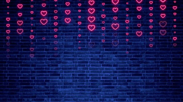 valentines day neon lights hearts strings on brick wall animation, shiny and glowing valentine and romantic love social media motion background