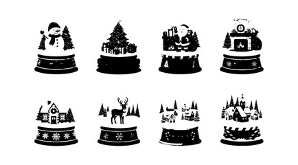 Fototapeta premium Set of black and white christmas snow globe icons with holiday themes like snowman tree deer and house for winter season decoration and design isolated on transparent background, Vector