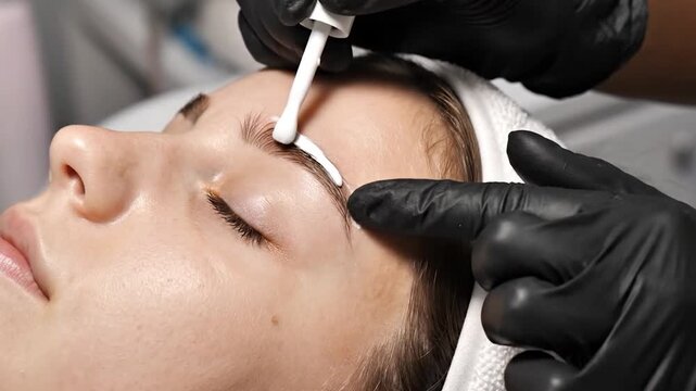 Beautician applying white paste for eyebrow lamination