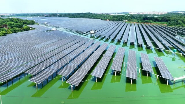 Aerial view of fishery-solar complementary floating photovoltaic power station in green countryside, new energy landscape