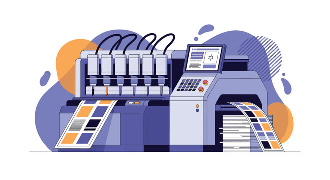 High speed industrial printing press machine producing colored sheets of paper in a professional print shop environment.