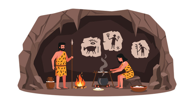 Stone age cavemen living inside a cave with wall paintings while cooking food over a fire and holding a spear.