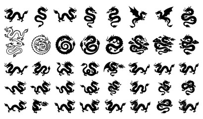 Obraz premium Decorative Dragon Silhouette Symbols and Mythical Creature Icons Collection Vector Set
