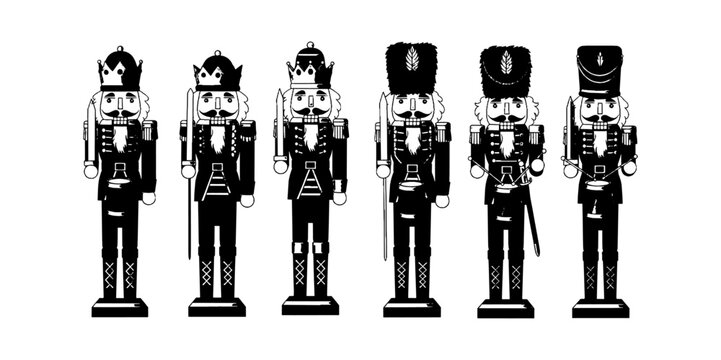 Set of six black and white nutcracker figures in traditional uniform standing in a row isolated on transparent background, Vector