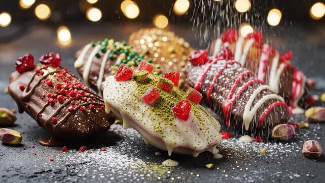Assorted gourmet chocolate madeleines with festive toppings