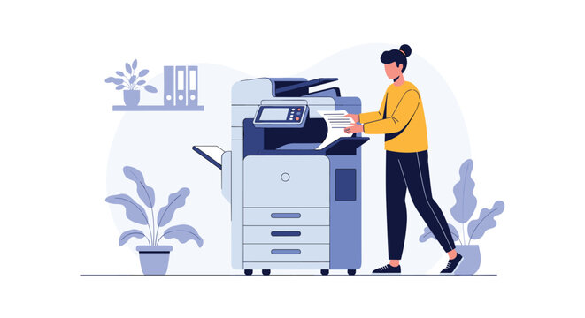 Professional woman wearing a yellow sweater is operating a large multifunction office printer while standing in a modern workspace environment.