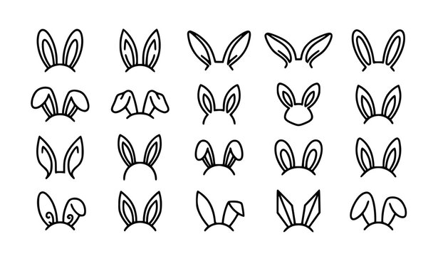 Cute Bunny Rabbit Ears and Face Expressions Outline Icon Collection Vector Set