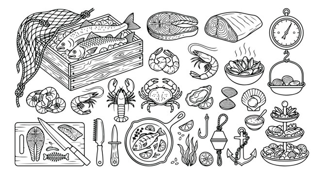 Vintage hand-drawn seafood vector collection, fresh fish and shellfish market elements, gourmet marine cuisine ingredients, culinary restaurant menu design assets