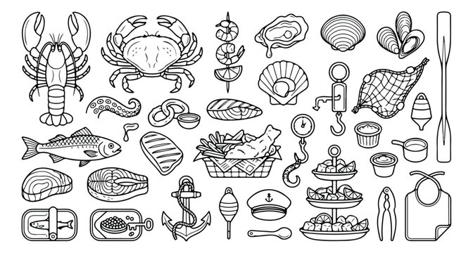 Seafood restaurant vector icon set, fresh fish market produce, shellfish, crustaceans, and gourmet marine cuisine elements, black and white line art collection for menus and packaging