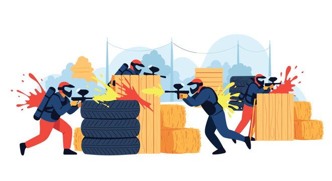 Intense paintball game action shows several players in protective gear taking cover behind tires and hay bales while firing colorful paint.