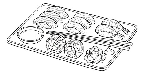 Traditional Japanese sushi and sashimi platter, a delicious Asian cuisine vector illustration. Hand-drawn nigiri, maki rolls, and shrimp sushi with chopsticks, soy sauce, ginger, and wasabi © Caleb