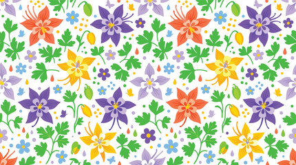 Obraz premium Seamless colorful floral pattern with spring flowers and green leaves on white background