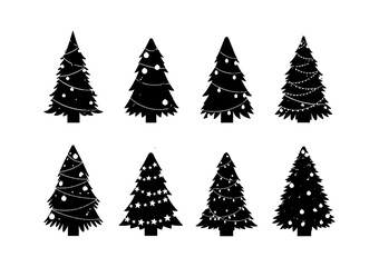 Obraz premium Set of black christmas tree icons with different decorations and lights for winter holiday design projects isolated on transparent background, Vector